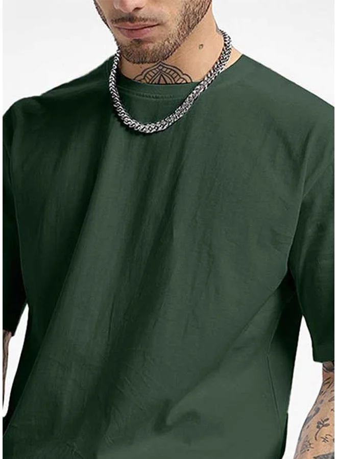 فيردو تيشيرت فيردو قطن نقي مقاس واسع نصف كم للرجال زيتوني